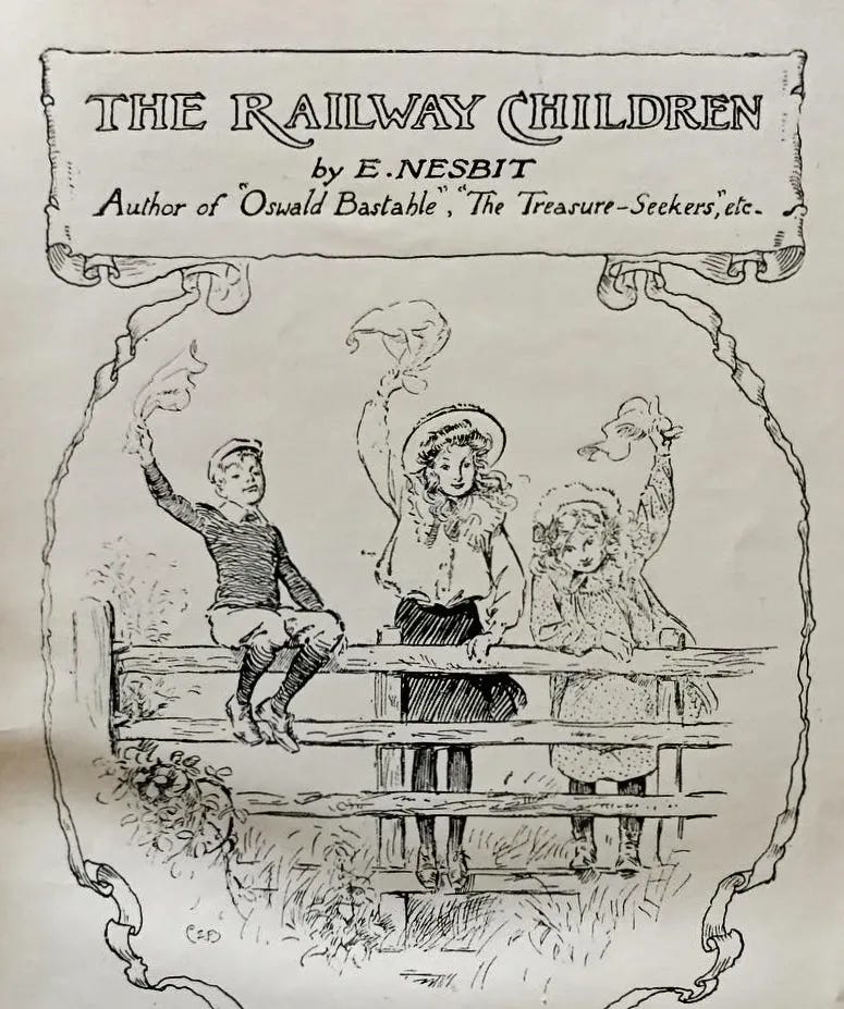 The frontispiece to E.Nesbit's book The Railway Children, showing three children waving at a train in a way not much like what I saw... though, as it turned out, much more like it than I thought at first. 