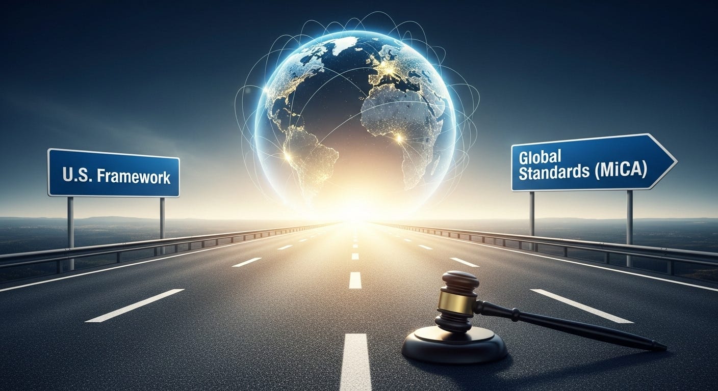 A highway forks into two paths with signs for "U.S. Framework" and "Global Standards (MiCA)," with a judge's gavel on the road and a globe on the horizon, symbolizing a choice in regulatory approaches.