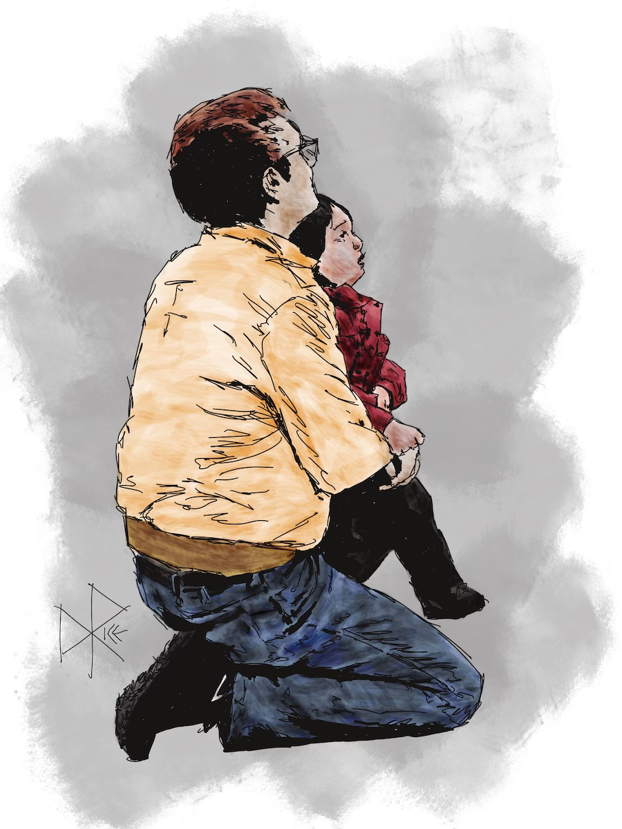A man balances, with one knee on the ground and the other used as a seat for his young son - giving them both a good view of a performance that they seem to find engaging and enjoyable. Sketch art by Don Rice.
