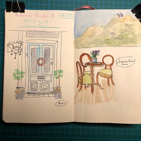 Photos des 5 pages de mon sketchbook que j’ai remplies pendant la session.