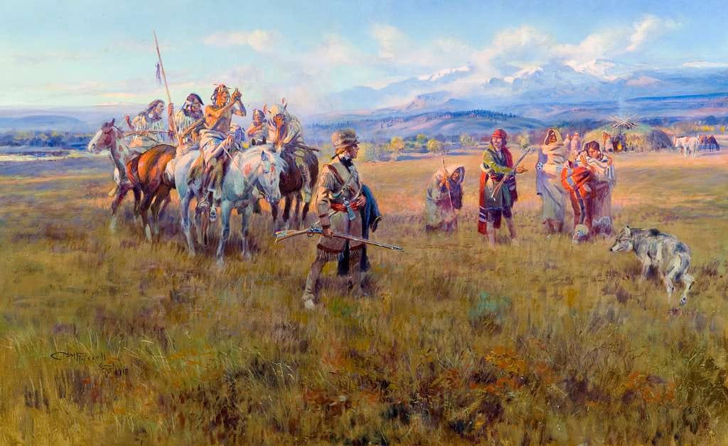 Painting of the Lewis, Clark, and Sacajawea meeting a group of Shoshone in a vast sweeping vista of the Great Plains