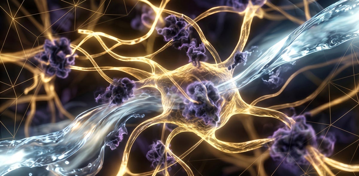 A cinematic macro-photo of a golden neural network being flushed clean of dark adenosine waste by a wave of crystal-clear fluid.