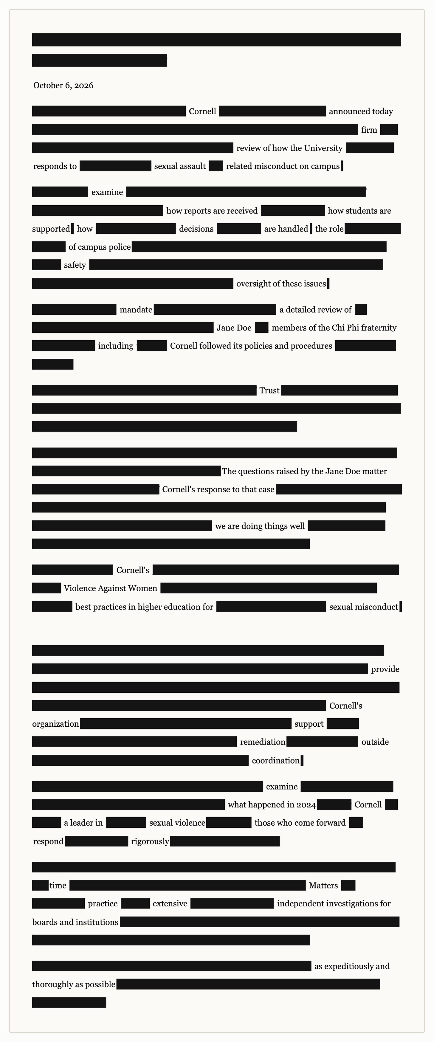 Cornell University's October 6, 2026 statement announcing an independent review, almost entirely blacked out, leaving only the words of the poem below.