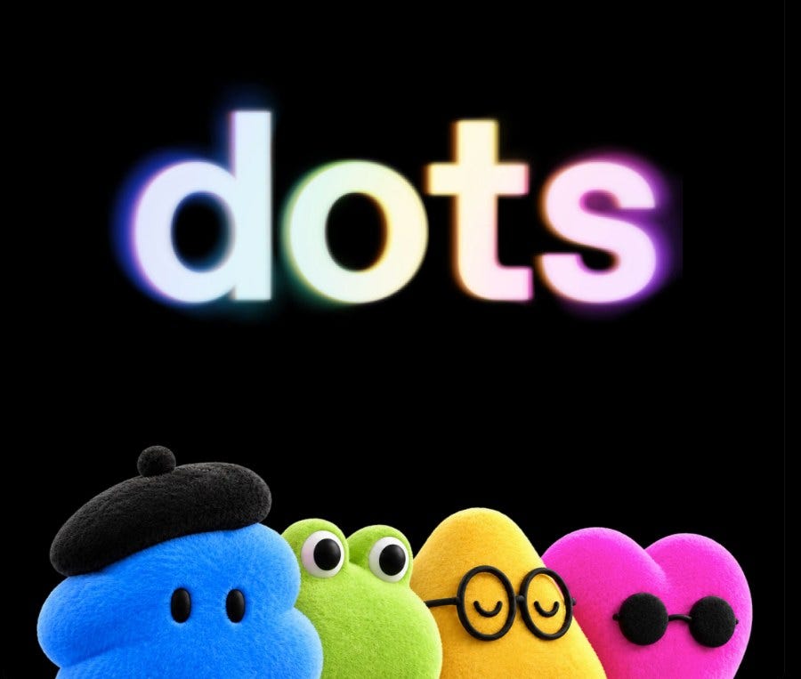 OpenAI's launch art for Dots: the glowing word "dots" above four fuzzy plush characters, a blue one in a beret, a green frog, a yellow one in round glasses and a pink heart in sunglasses.