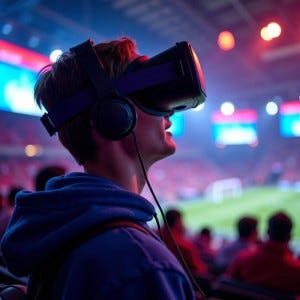 VR headset wearing sports fan in a virtual stadium