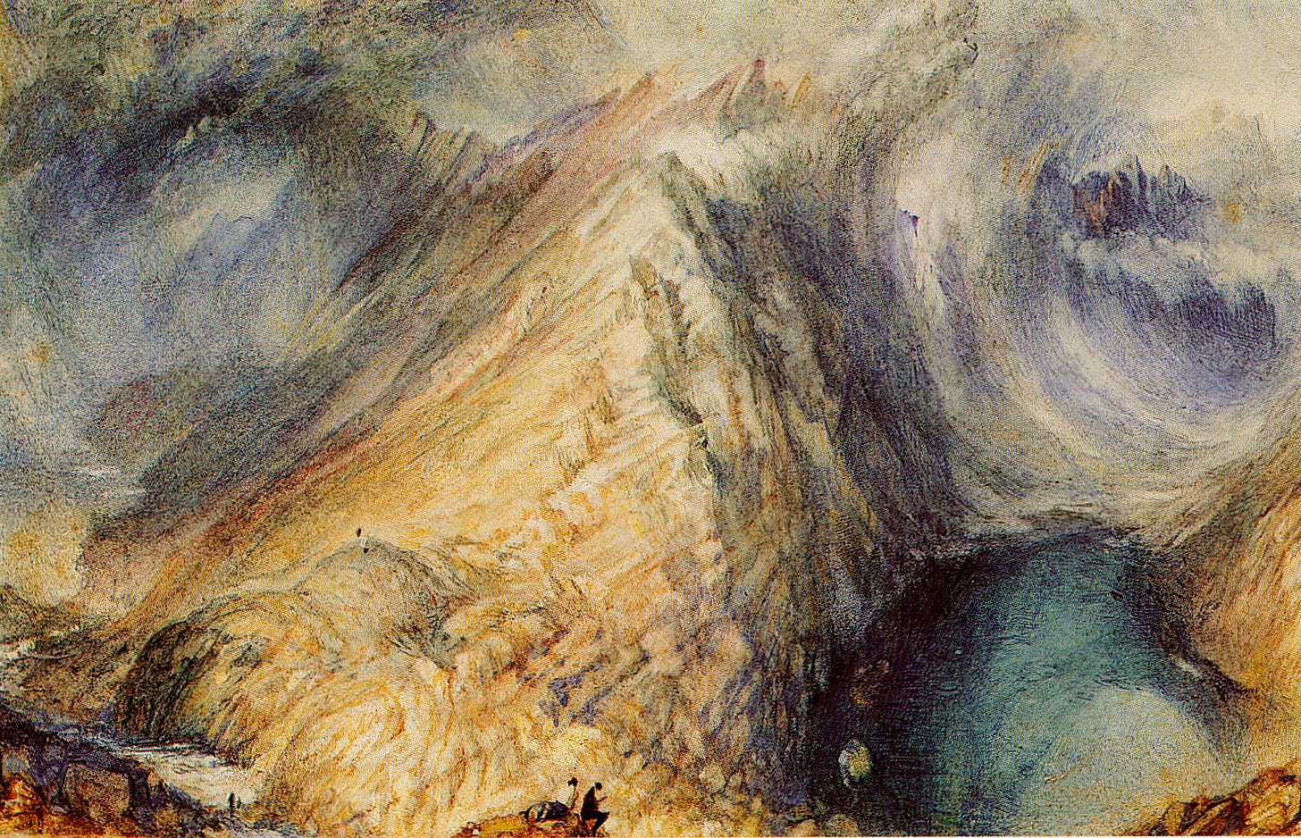 cloud and mountain, watercolour, two tiny figures at bottom