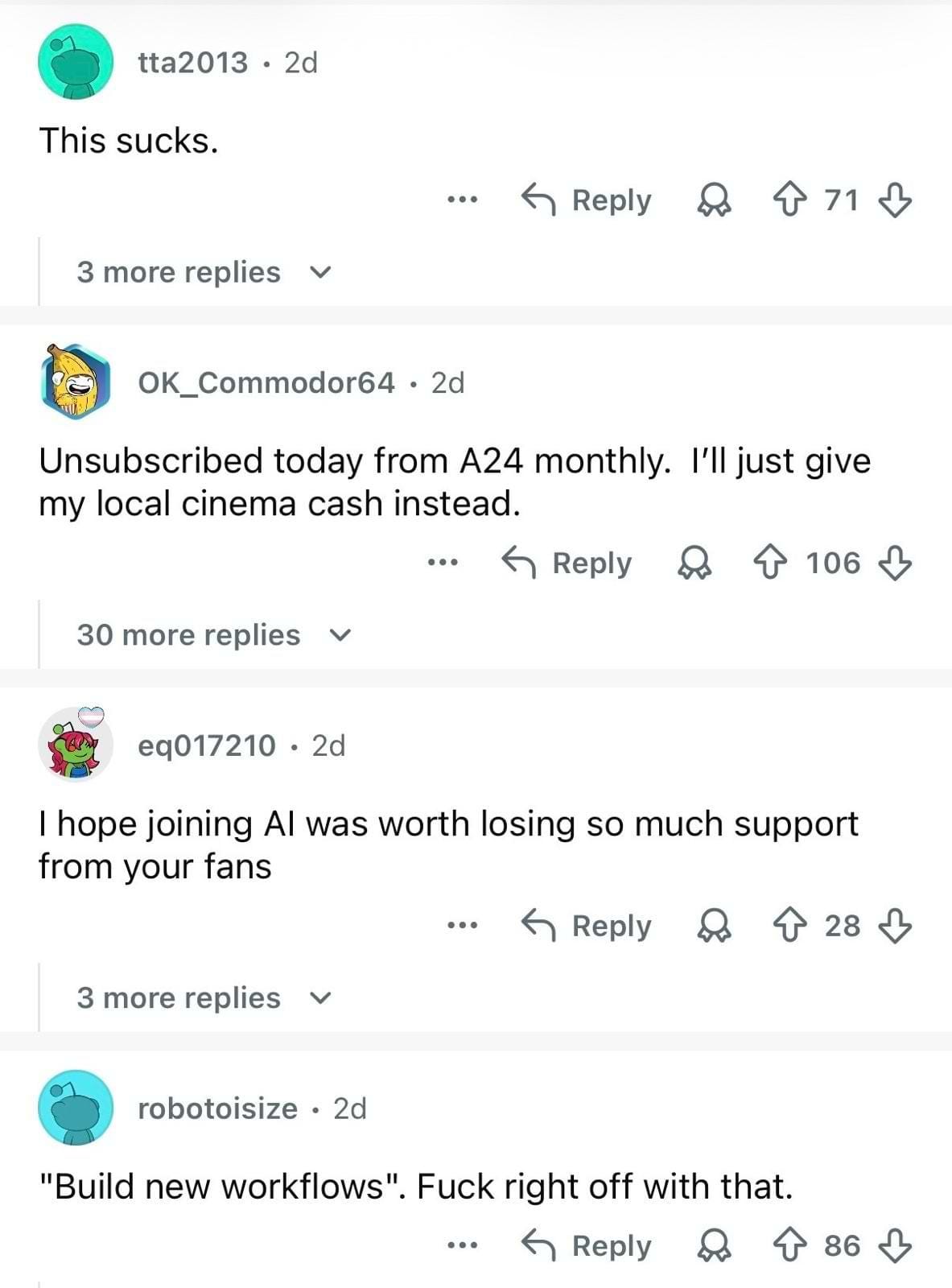 reddit screenshot showing A24 fans criticizing the studio’s Google AI partnership, including comments about canceling AAA24 memberships over the deal.