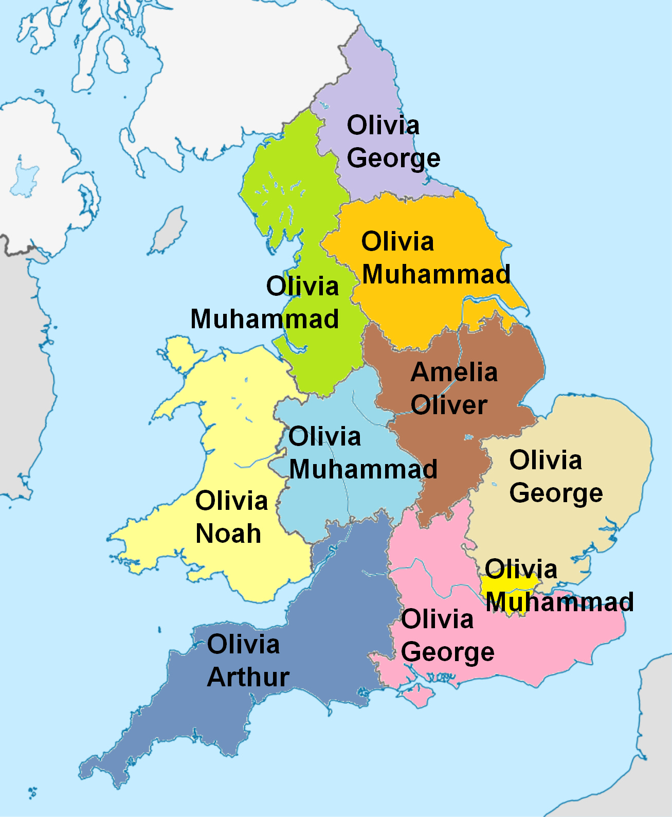 Map of England and Wales with most popular girl and boy name in each region. Map of England and Wales with most popular girl and boy name in each region.
