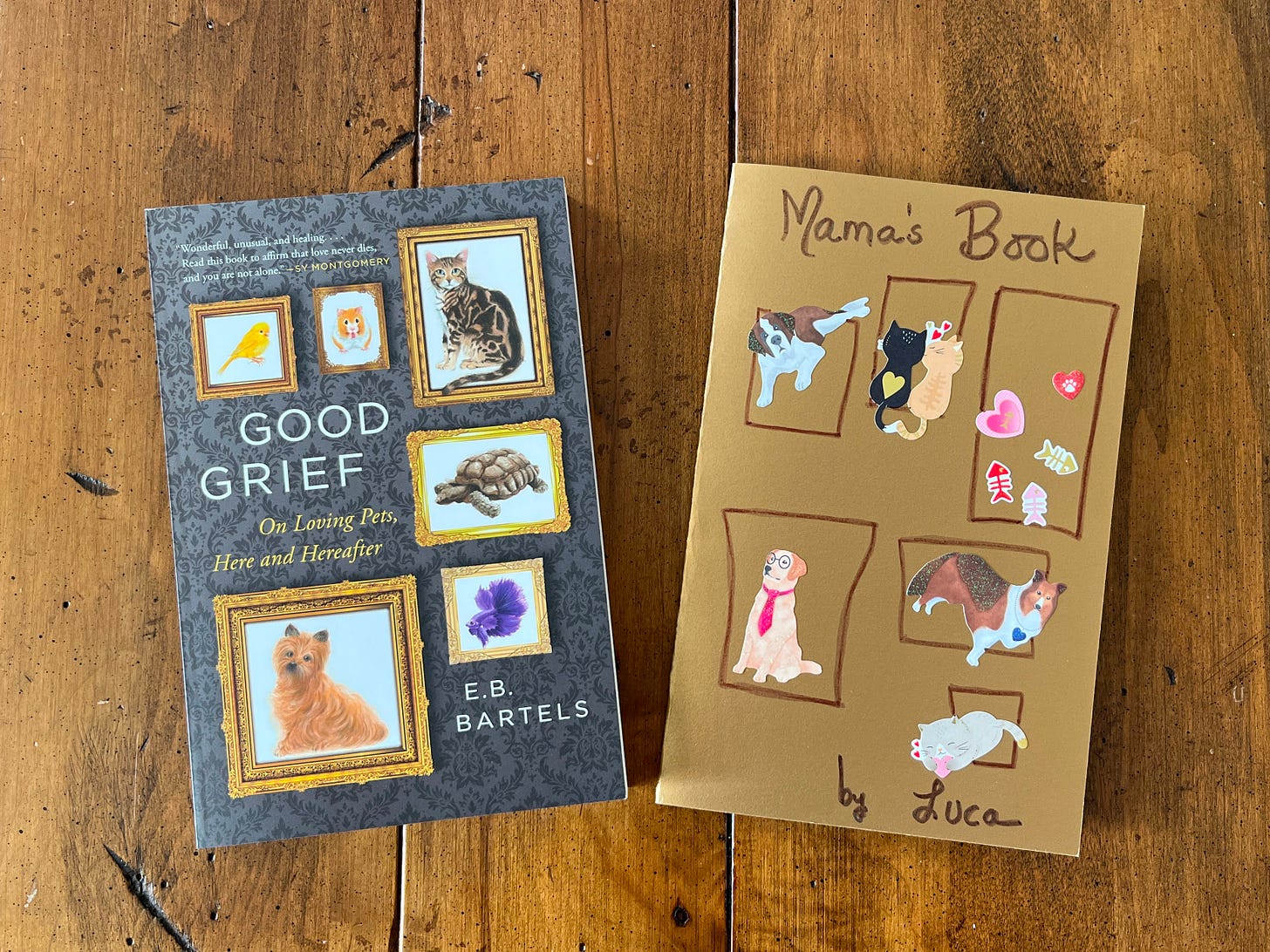A paperback copy of GOOD GRIEF next to a drawing of the GOOD GRIEF cover done by a toddler.