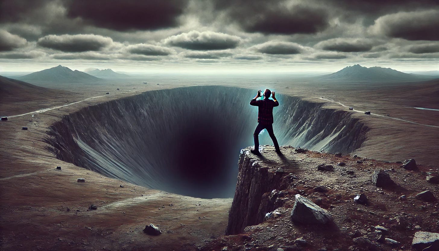 Illustration of a man shouting into a chasm Illustration of a man shouting into a chasm