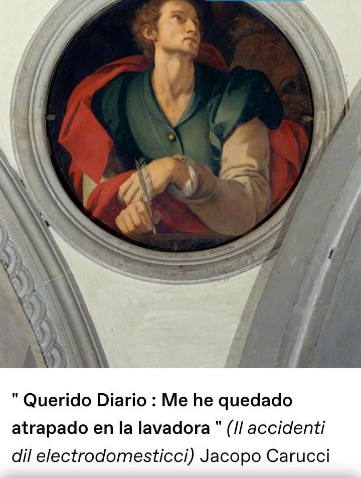 Pintura renancentista. Un hombre dentro de un círculo escribe con una pluma. El título (falso) de la obra: "querido diario, me he quedado encerrado dentro de una lavadora" Pintura renancentista. Un hombre dentro de un círculo escribe con una pluma. El título (falso) de la obra: "querido diario, me he quedado encerrado dentro de una lavadora"