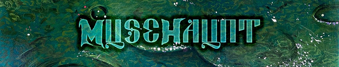 Musehaunt banner depicting a green logo on a painted, lily pad background