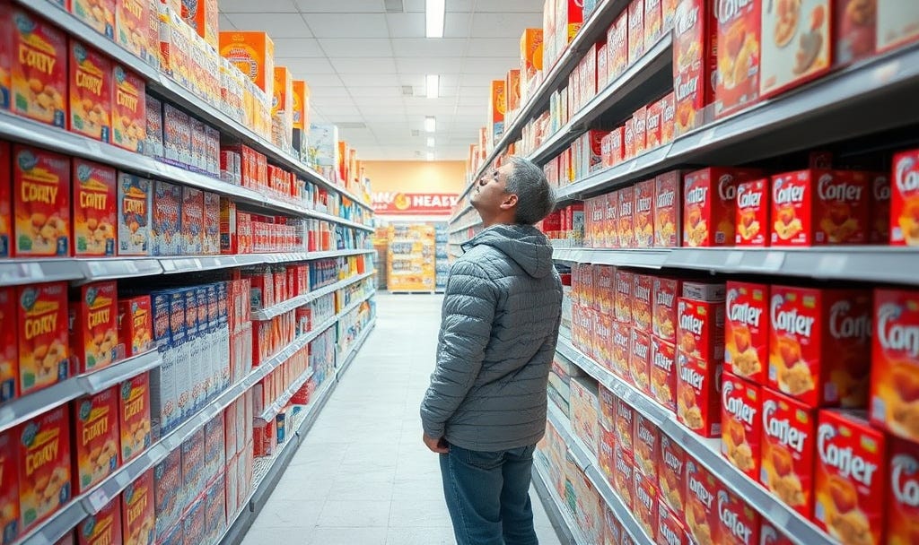 A man stands still in a grocery store cereal aisle, surrounded by long shelves filled with nearly identical boxes, looking upward as if overwhelmed by choices. A man stands still in a grocery store cereal aisle, surrounded by long shelves filled with nearly identical boxes, looking upward as if overwhelmed by choices.