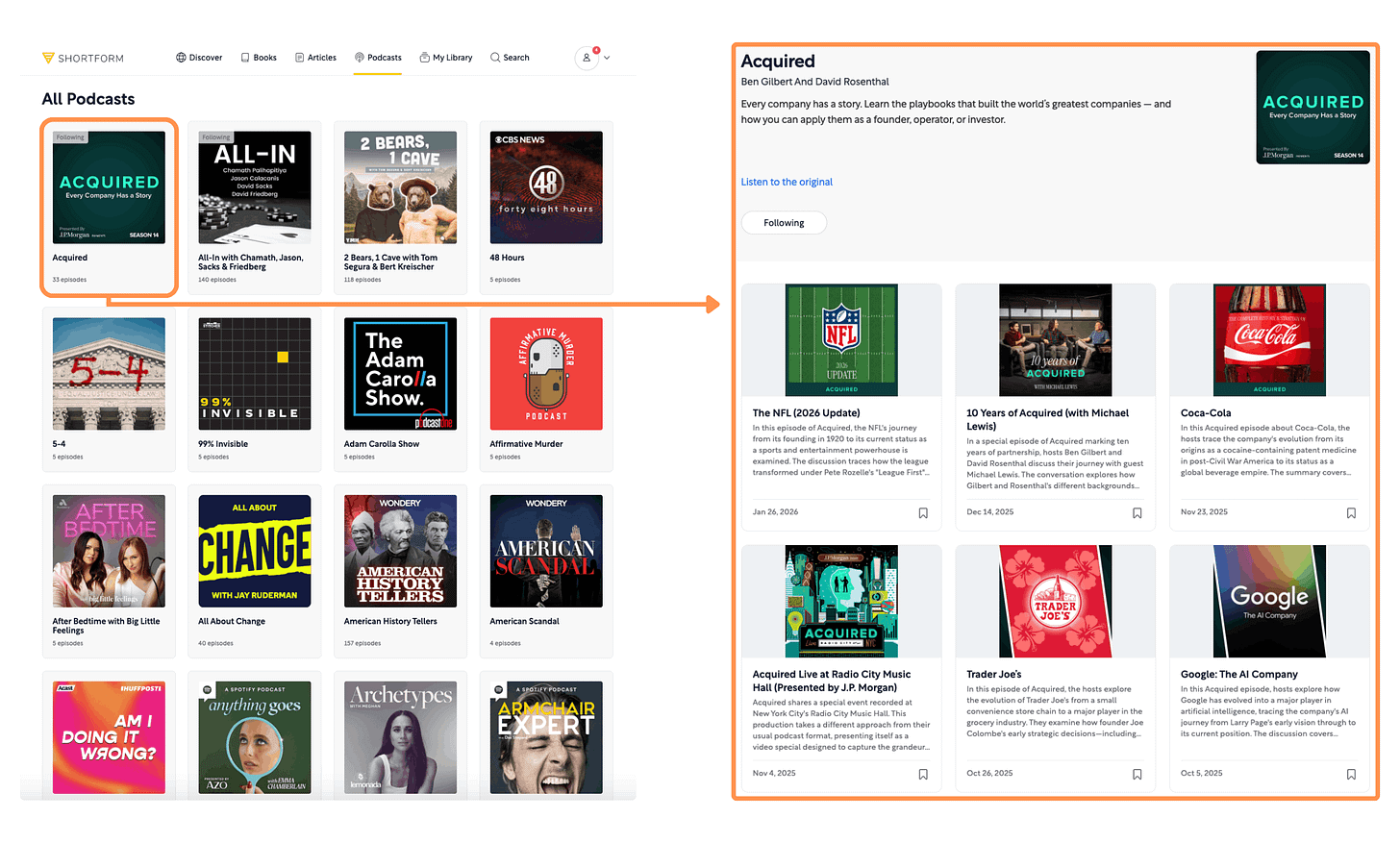 Shortform’s Podcasts (desktop view + light mode)