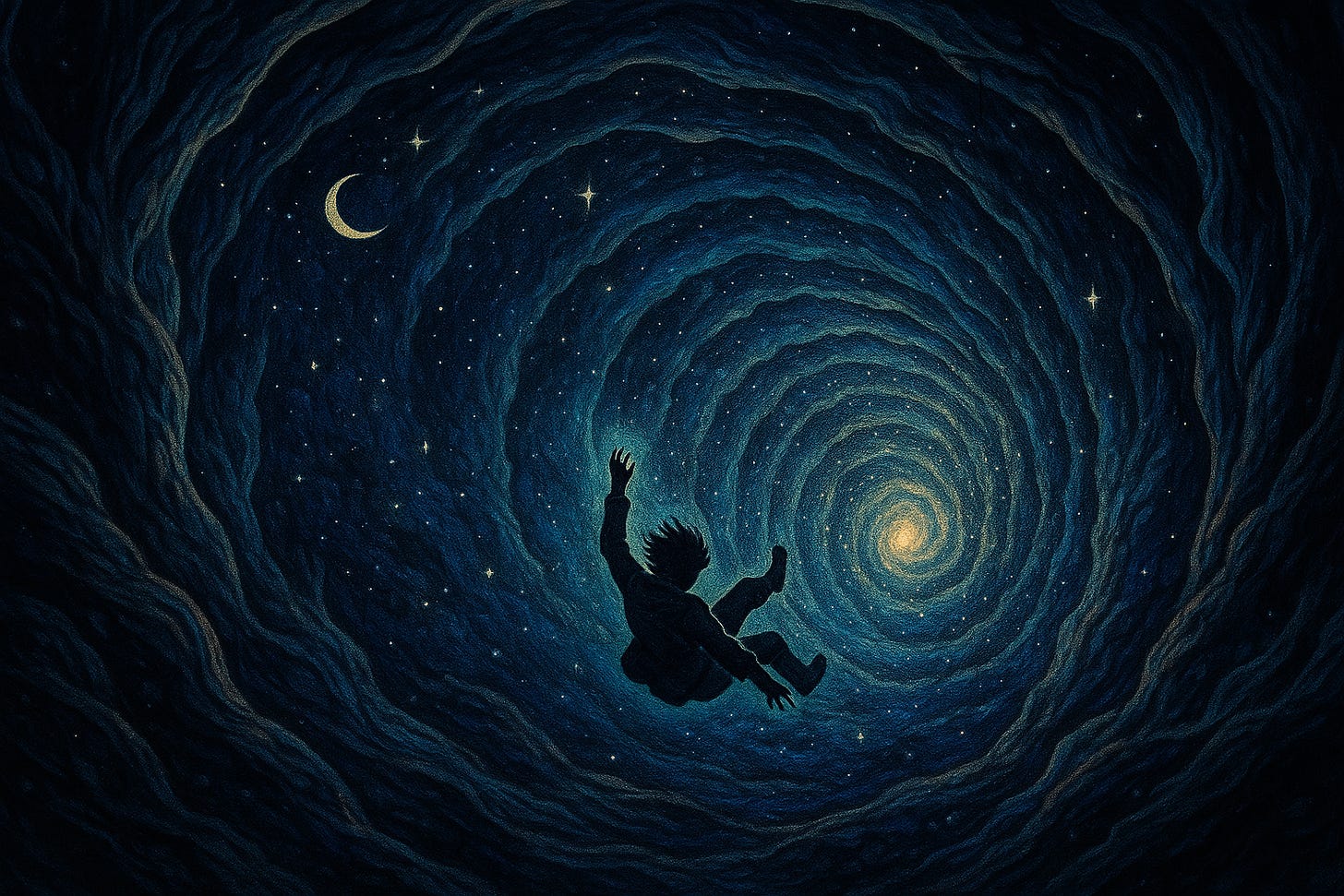 A silhouette of a person falling backward into a vast, spiralling tunnel of stars and swirling blue clouds. A glowing golden centre shines at the far end of the spiral, suggesting a descent into a cosmic vortex or deeper layers of reality. A crescent moon and scattered stars float in the surrounding darkness. A silhouette of a person falling backward into a vast, spiralling tunnel of stars and swirling blue clouds. A glowing golden centre shines at the far end of the spiral, suggesting a descent into a cosmic vortex or deeper layers of reality. A crescent moon and scattered stars float in the surrounding darkness.