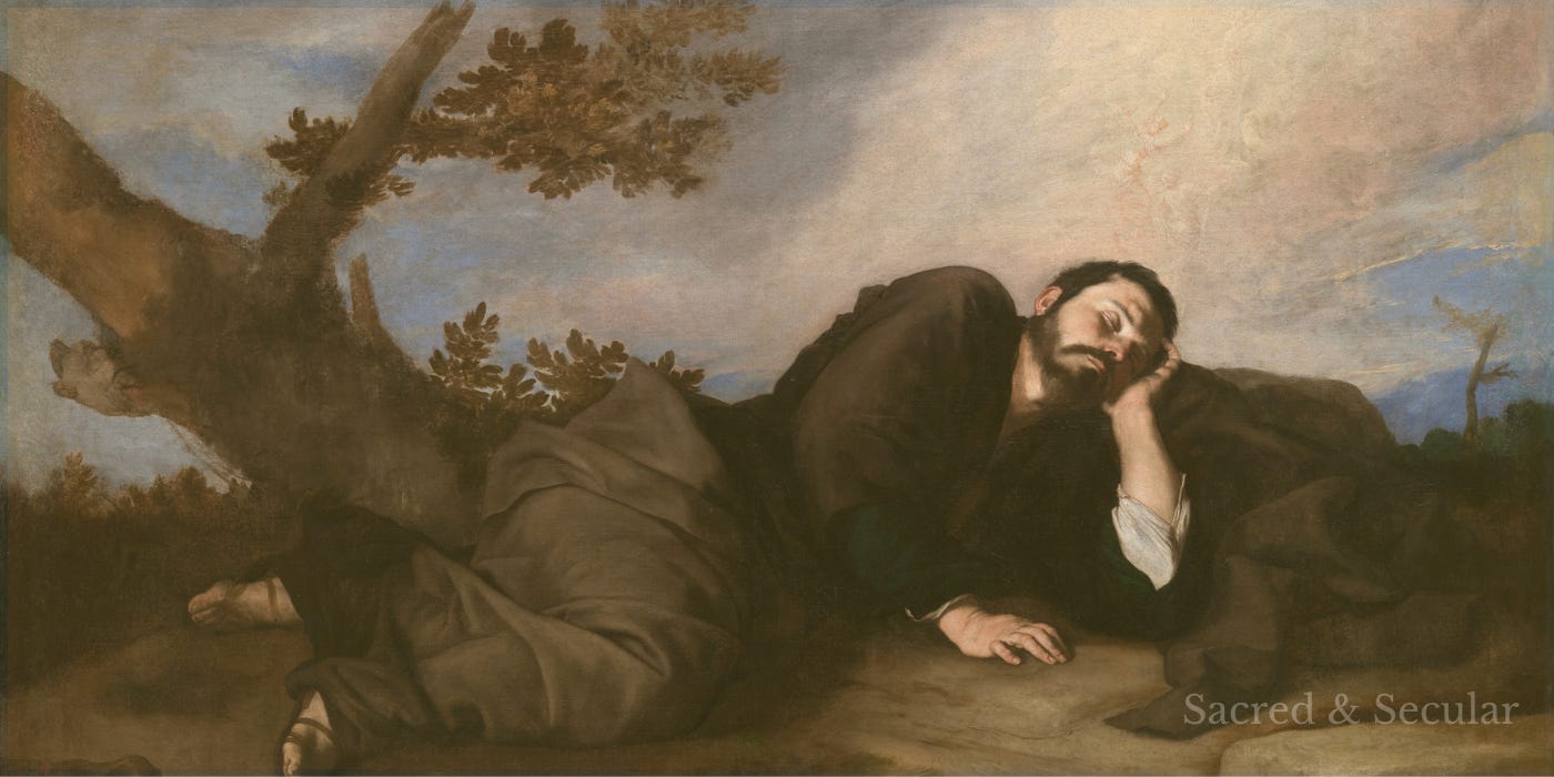 Seventeenth-century painting by José de Ribera depicting Jacob asleep in the wilderness beneath a tree, resting his head on a stone. The quiet, earthy scene emphasises his vulnerability before his dream of heaven and God's presence at Bethel. Seventeenth-century painting by José de Ribera depicting Jacob asleep in the wilderness beneath a tree, resting his head on a stone. The quiet, earthy scene emphasises his vulnerability before his dream of heaven and God's presence at Bethel.