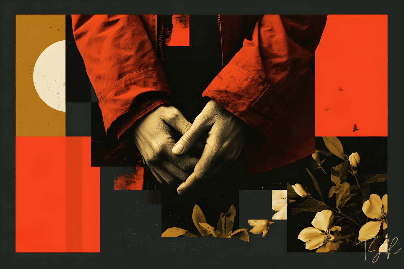 Red-toned image of a man’s lower body, hands nervously clasped, conveying a sense of abashedness. Flowers and distant birds appear along one side, while a moon rises on the other. Red-toned image of a man’s lower body, hands nervously clasped, conveying a sense of abashedness. Flowers and distant birds appear along one side, while a moon rises on the other.