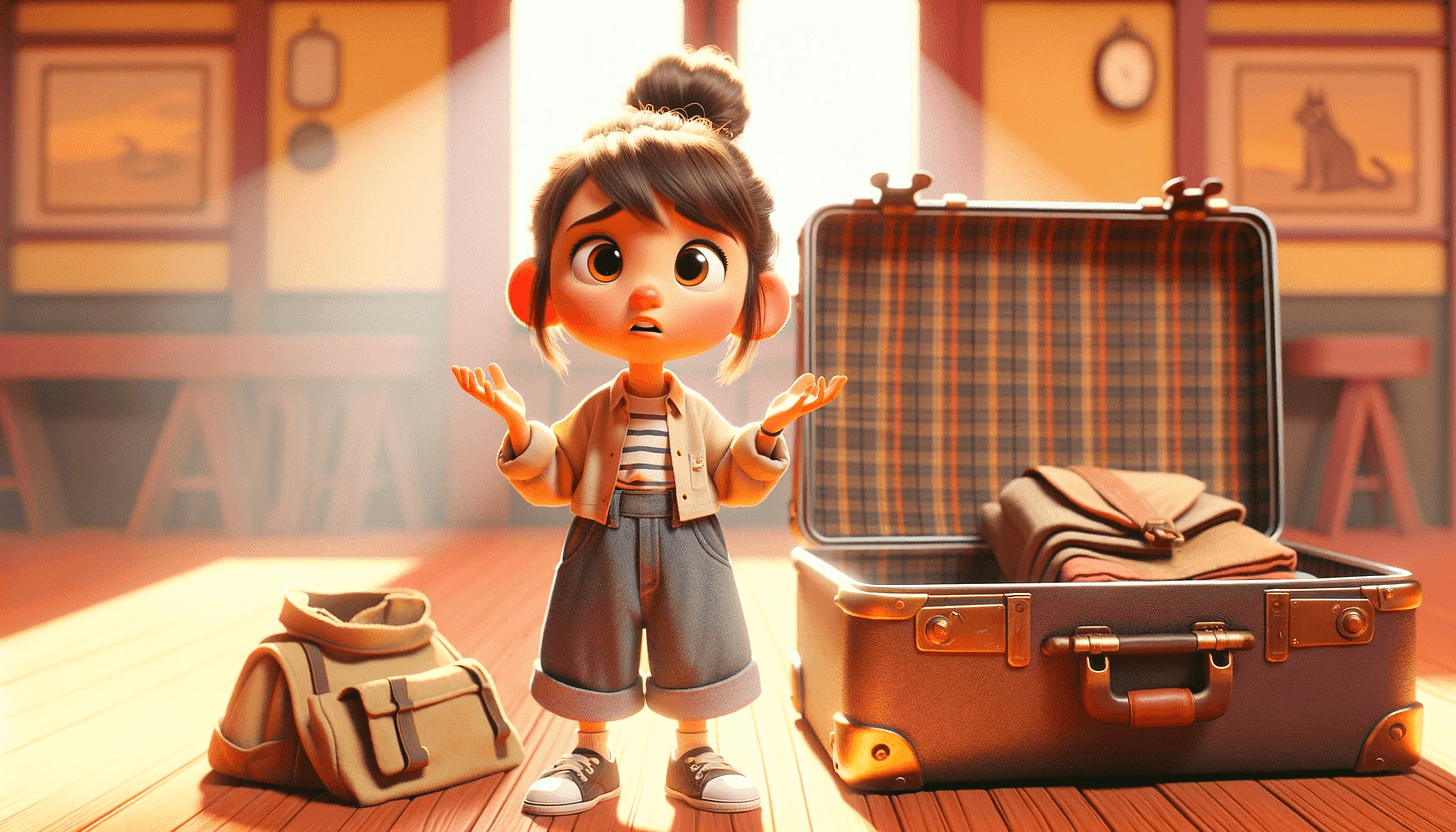 girl in front of her suitcase asking where are we going?