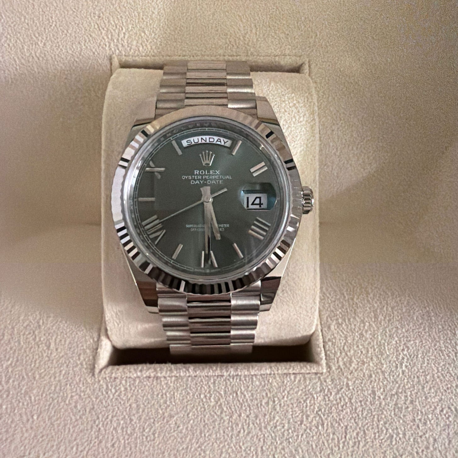 2024 Rolex Day-Date 40 White Gold / Fluted / Olive-Green / Roman / President 228239-0033 Listing Image 1