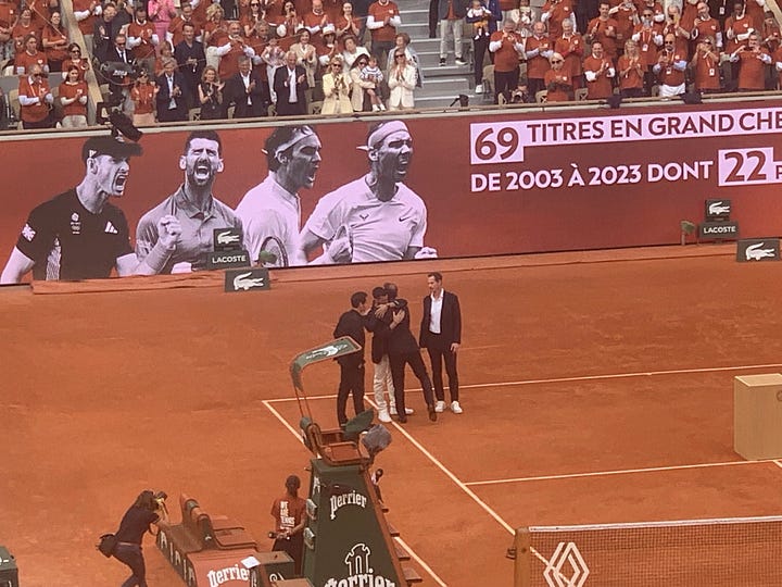 Rafael Nadal, Roger Federer, Novak Djokovic and Andy Murray reunited for Nadal's ceremony at Roland-Garros.