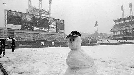 A snowman on the field on Opening Day 1996 at Cleveland's Jacobs Field.