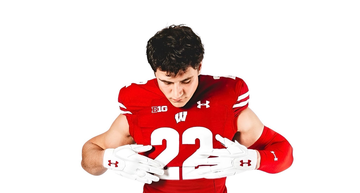 Wisconsin Badgers transfer linebacker Mason Reiger posing in uniform during a team photo shoot Wisconsin Badgers transfer linebacker Mason Reiger posing in uniform during a team photo shoot