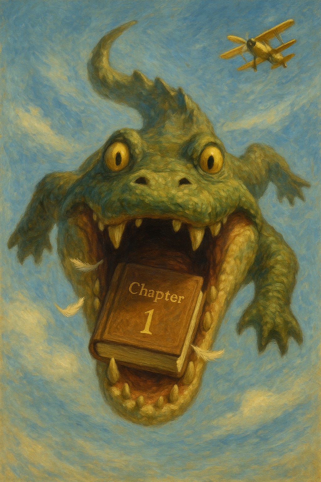 Big Al the crocodile falling from the sky, holding a book in his mouth - Chapter 1 illustration