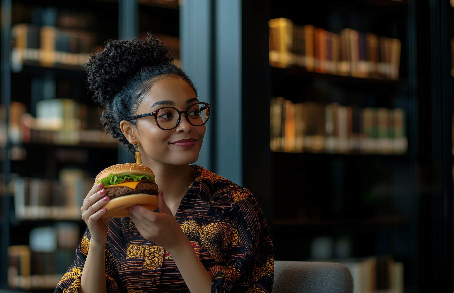 A librarian holding a hamburger in a library, illustrating the concept of SQLAlchemy managing database interactions as easily as browsing a well-organized library. A librarian holding a hamburger in a library, illustrating the concept of SQLAlchemy managing database interactions as easily as browsing a well-organized library.