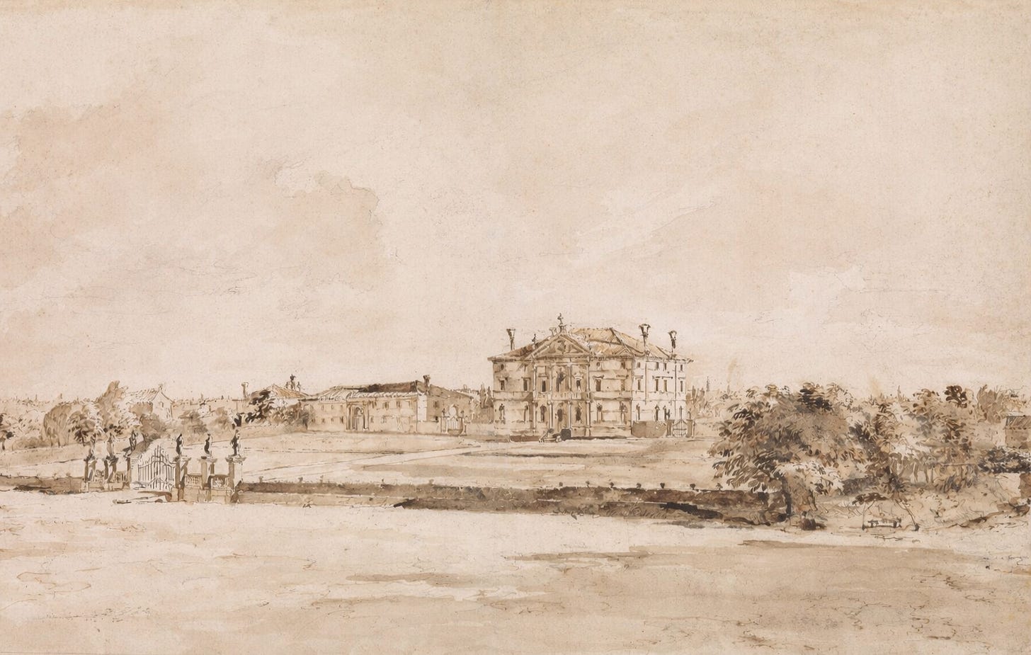 An Italian villa rendered in pen and brown ink wash An Italian villa rendered in pen and brown ink wash