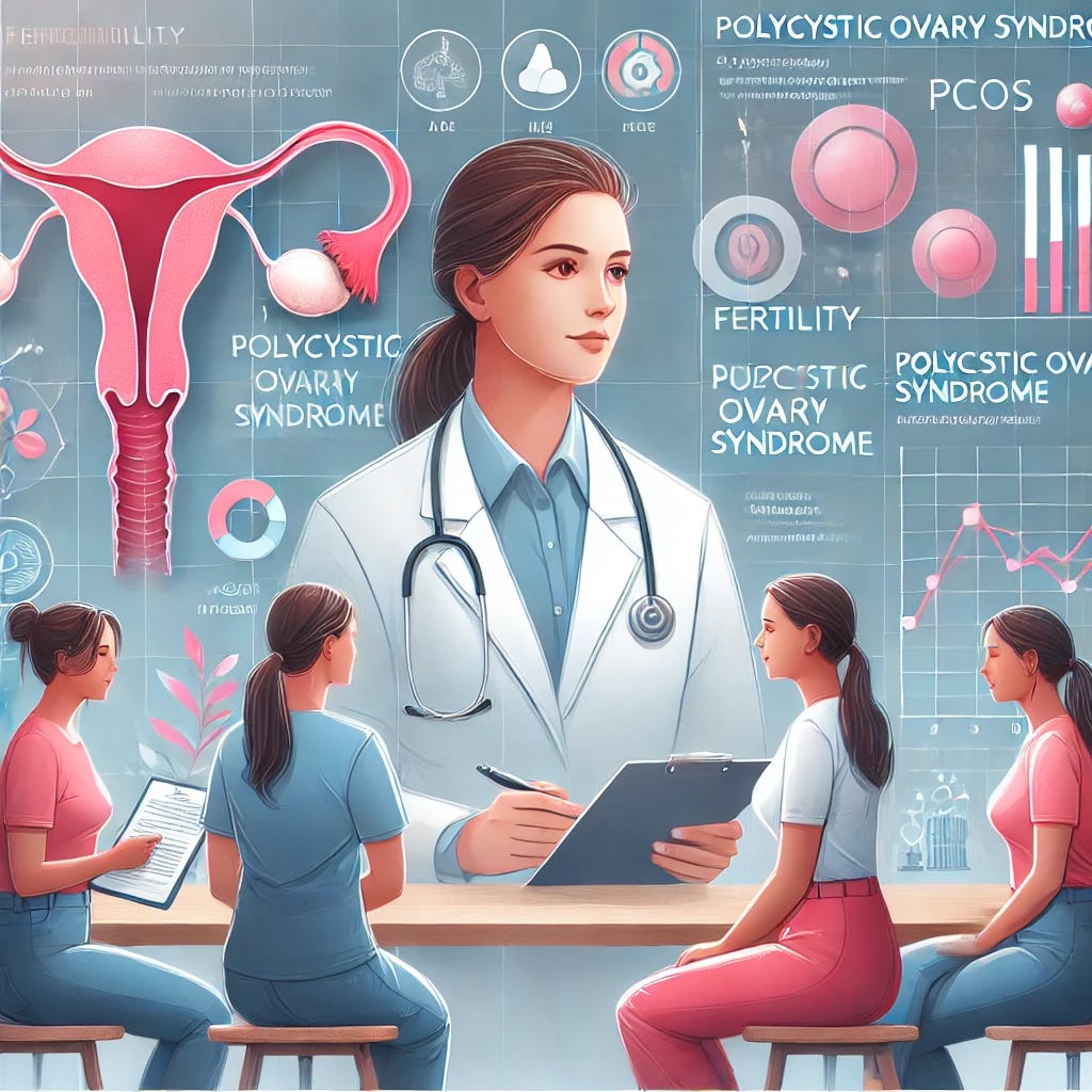 A visually appealing and educational illustration showing a diverse group of women consulting a doctor about reproductive health, with a focus on fertility and Polycystic Ovary Syndrome (PCOS). The image highlights a supportive clinical environment with charts or diagrams in the background showing fertility trends and age-related data. The scene conveys hope, care, and the importance of early diagnosis in a modern, clean medical setting.