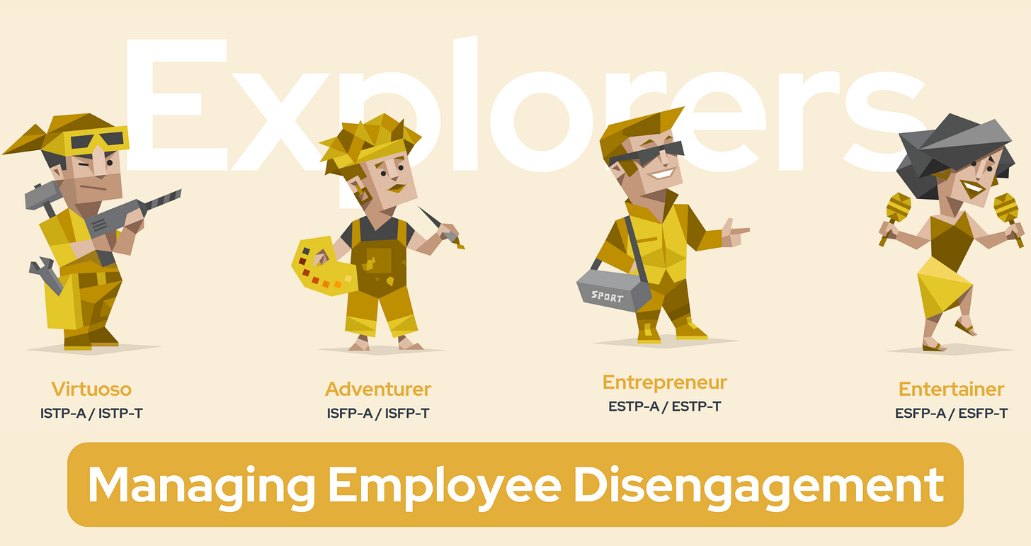 The word 'Explorers' is prominently displayed, with four yellow characters overlapping it - a Virtuoso, an Adventurer, an Entrepreneur, and an Entertainer. The type codes are also displayed: ISTP-A / ISTP-T, ISFP-A / ISFP-T, ESTP-A / ESTP-T, and ESFP-A / ESFP-T. Below, the words 'Managing Employee Disengagement' are shown.