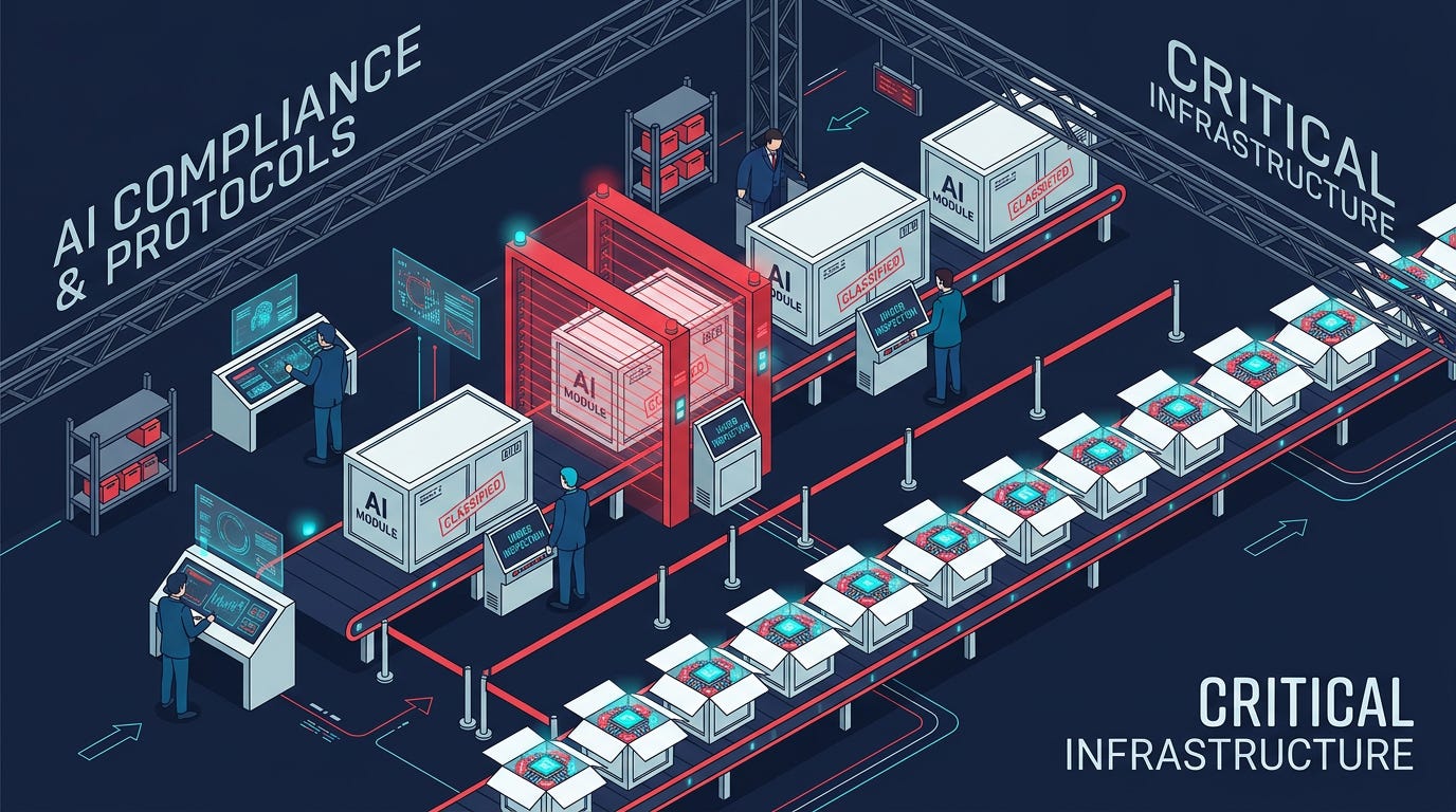 Flat isometric illustration of a security checkpoint scanning large sealed AI containers while dozens of identical open crates full of glowing AI chips move around the checkpoint untouched, small government officials observing dashboards, dark navy background, clean vector art style, red, white and cyan color palette, modern policy editorial aesthetic Flat isometric illustration of a security checkpoint scanning large sealed AI containers while dozens of identical open crates full of glowing AI chips move around the checkpoint untouched, small government officials observing dashboards, dark navy background, clean vector art style, red, white and cyan color palette, modern policy editorial aesthetic