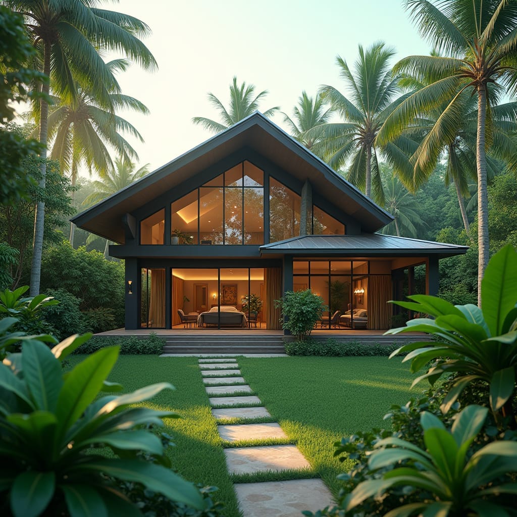 A modern Jamaican property with a Gable Roof, set against a lush, vibrant backdrop of tropical foliage