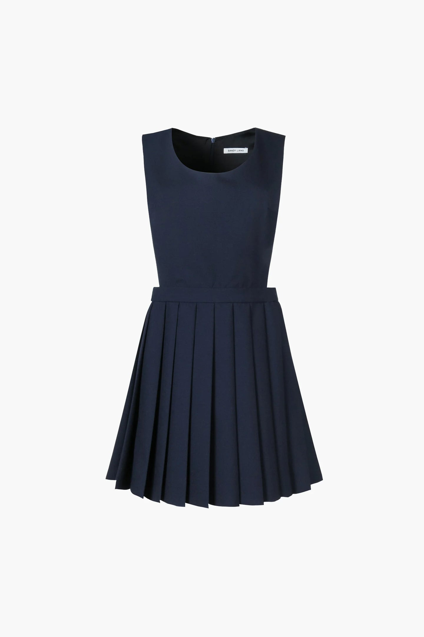 Mini pleated navy pinafore dress with a scooped neckline, concealed zipper at back, and is fully lined against a white background Mini pleated navy pinafore dress with a scooped neckline, concealed zipper at back, and is fully lined against a white background