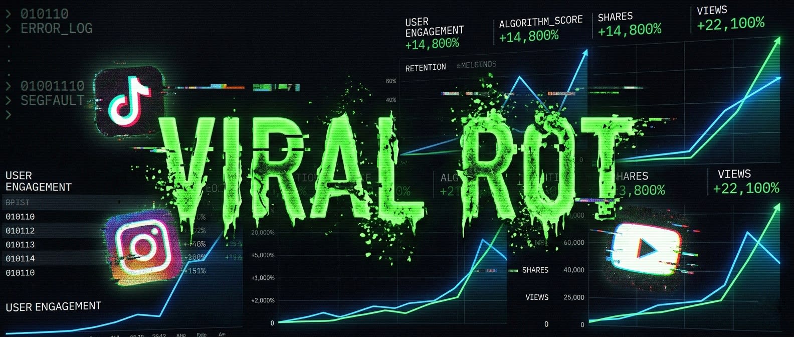 A stark black terminal screen displaying the words VIRAL ROT decaying in neon green text alongside corrupted social media logos and sharply spiking engagement graphs. A stark black terminal screen displaying the words VIRAL ROT decaying in neon green text alongside corrupted social media logos and sharply spiking engagement graphs.