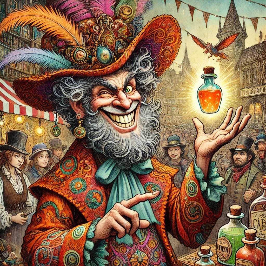 A detailed illustration of a charlatan, depicted as a flamboyant and cunning figure with exaggerated features, wearing an elaborate outfit with vibrant patterns and a wide-brimmed hat adorned with feathers. The setting is a lively marketplace with people in the background watching the charlatan peddle mysterious potions and trinkets. The character has a mischievous grin, holding a bottle of glowing liquid in one hand and gesturing dramatically with the other. The scene is rich in color and texture, evoking a sense of whimsy and intrigue.