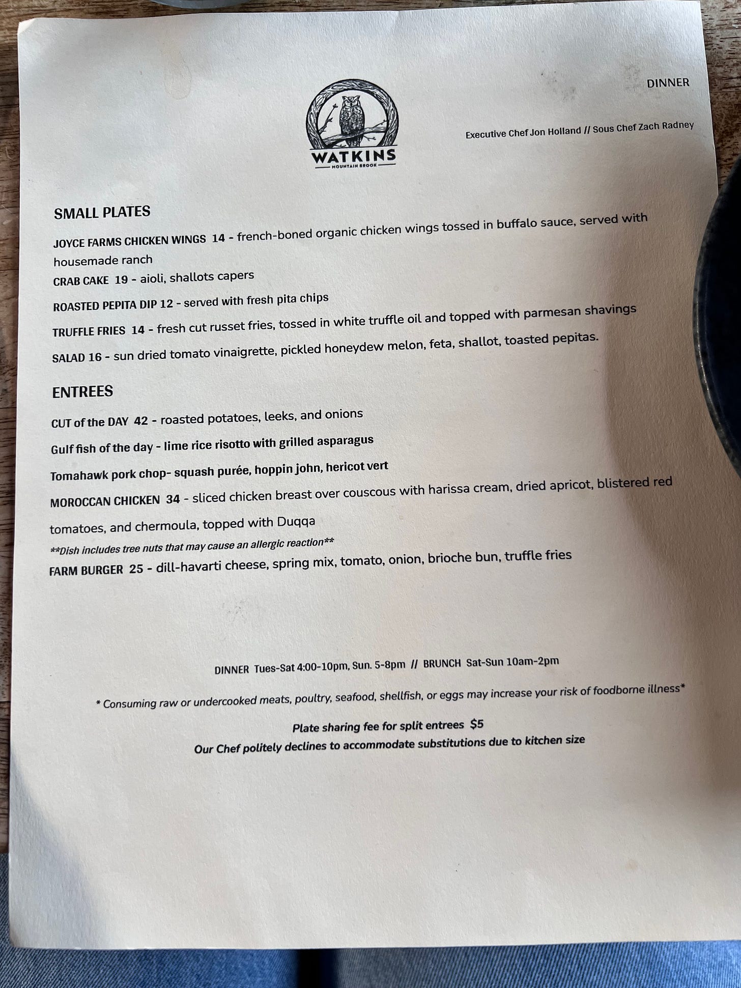 Watkins branch bourbon and brasserie food menu