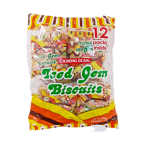The packaging of Jacobs, McVitie's, and Khong Guan's iced gem biscuits.