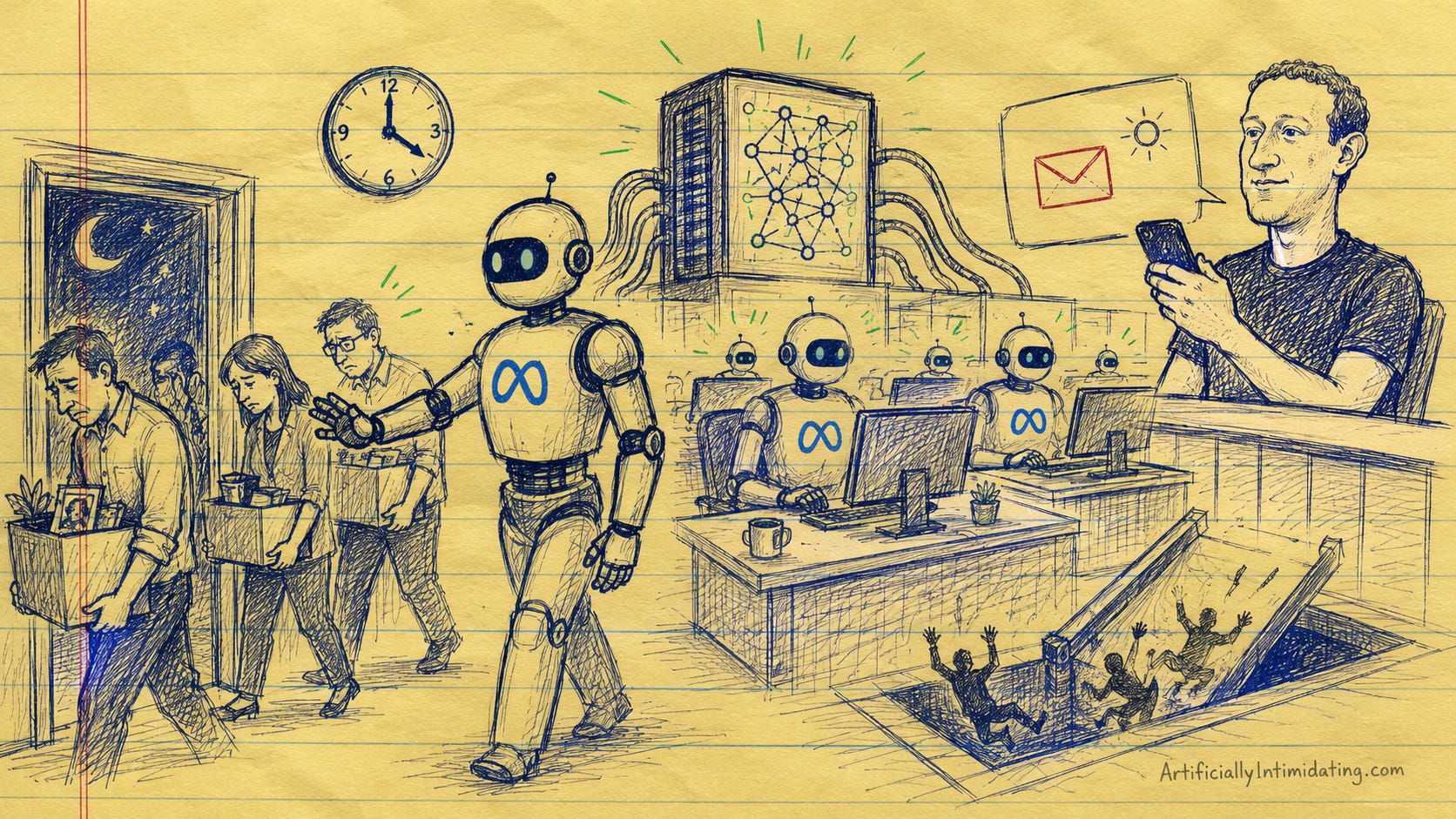 AI-generated editorial cartoon in a hand-drawn blue ink sketch style on yellow legal pad paper. Exhausted office workers carrying boxes leave a Meta office at night while humanoid robots wearing Meta logos calmly take over their desks. A giant glowing AI server looms over the office with cables spreading across the room. Mark Zuckerberg sits to the side smiling at his phone as if sending late-night layoff emails. In the foreground, a trapdoor opens beneath workers falling into darkness, symbolizing replacement by AI systems. The illustration includes rough pen lines, ink bleed, and the signature “ArtificiallyIntimidating.com.”