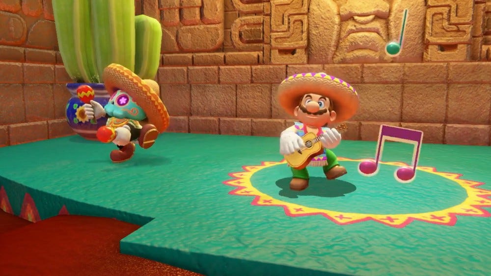 A screenshot of Super Mario Odyssey in which Mario and a non-player character are dressed in a cartoonish version of traditional Mexican attire