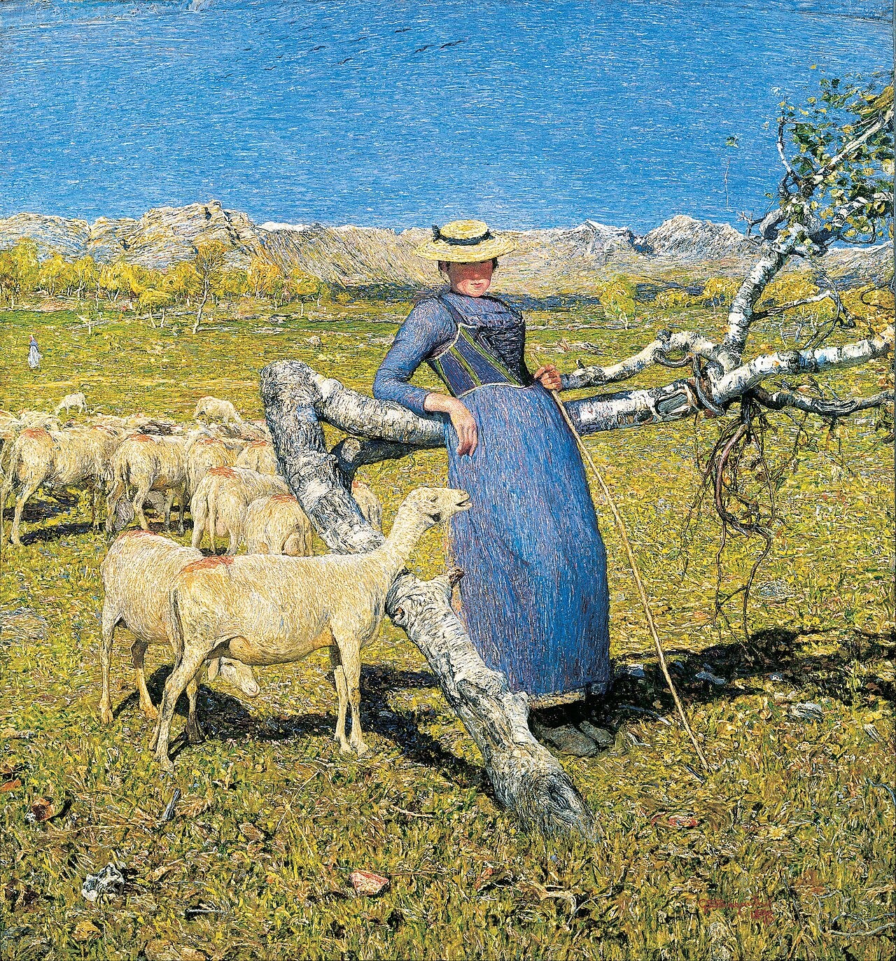 A peasant woman and goat at noon with blazing peaks behind A peasant woman and goat at noon with blazing peaks behind