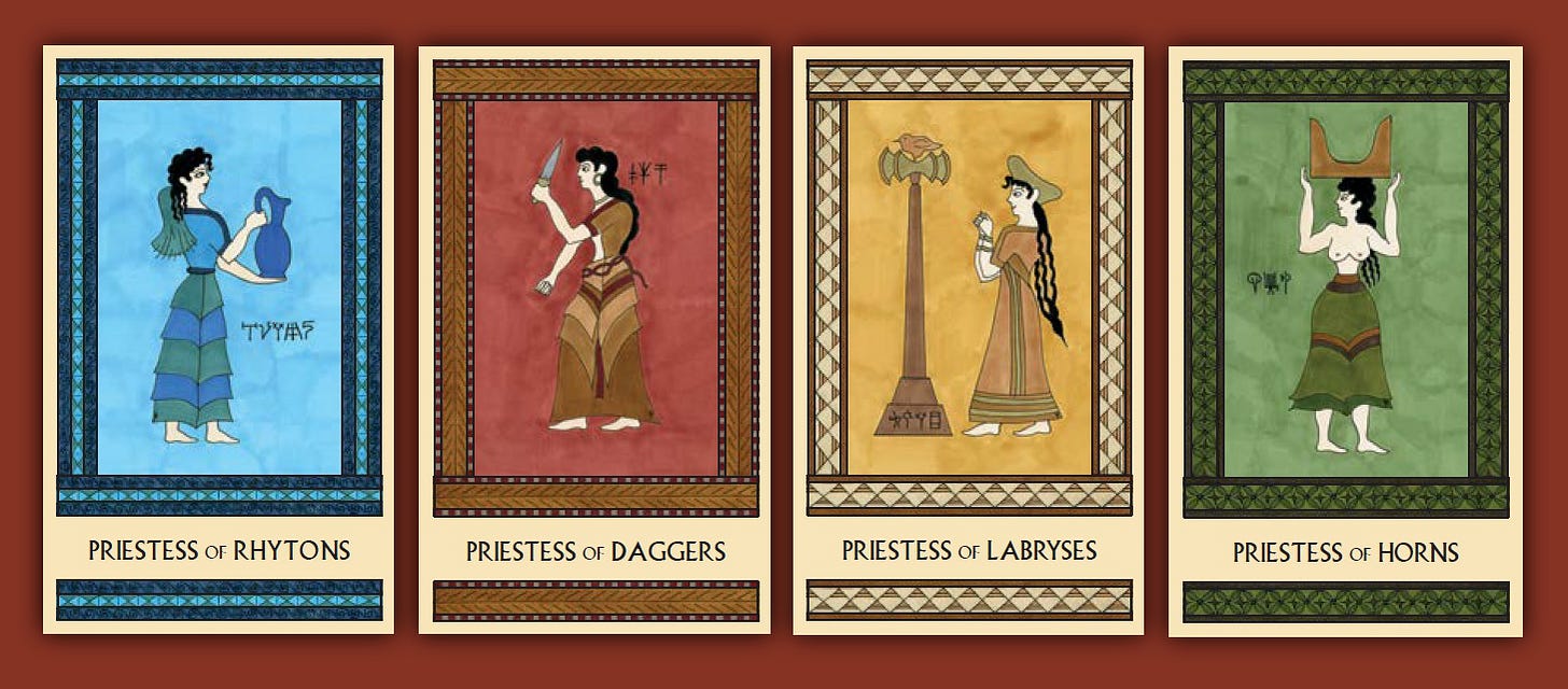 The four Minoan Tarot Priestess cards in a row on a dark red background. From left to right they are the Priestess of Rhytons in shades of blue, the Priestess of Daggers in shades of red, the Priestess of Labryses in shades of gold, and the Priestess of Horns in shades of green.
