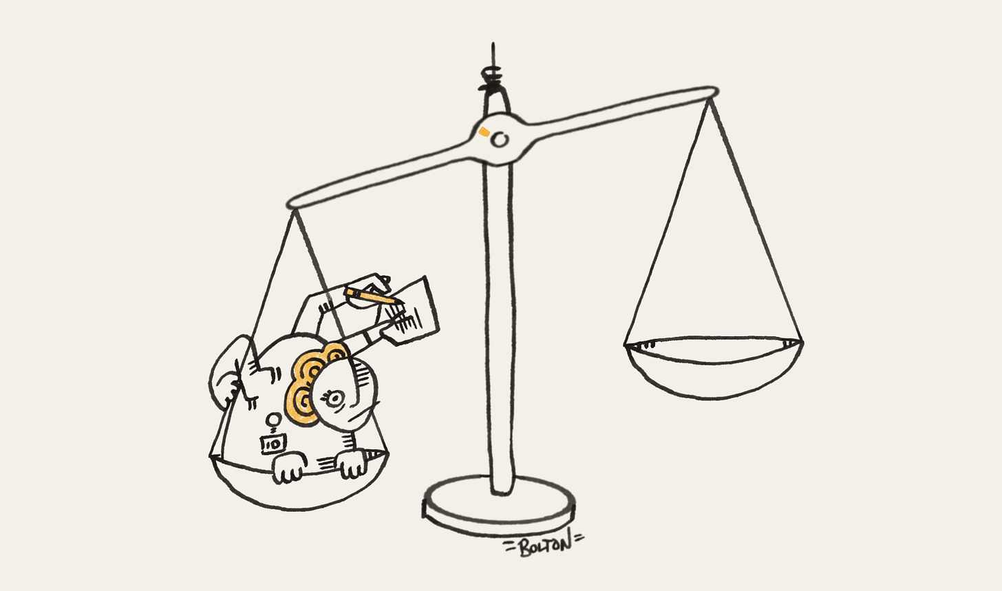 Animated hand-drawn cartoon of a balance scale, black ink on cream with amber accents, signed "Bolton." On the left pan sits a single human figure, writing on a notepad. On the right, robots are added one by one until the pan fills with them. As each robot lands, the scale tips further their way — the machines sink lower, the lone human rises higher — until the robots clearly outweigh the person. What tips the balance isn't worth but count: enough machines, and the single human is outweighed. Animated hand-drawn cartoon of a balance scale, black ink on cream with amber accents, signed "Bolton." On the left pan sits a single human figure, writing on a notepad. On the right, robots are added one by one until the pan fills with them. As each robot lands, the scale tips further their way — the machines sink lower, the lone human rises higher — until the robots clearly outweigh the person. What tips the balance isn't worth but count: enough machines, and the single human is outweighed.