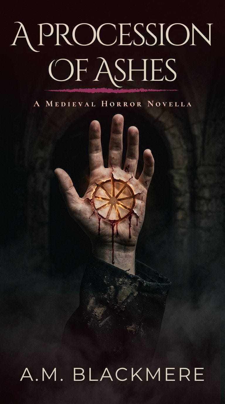 Here are a few optimized options for your image, tailored for both accessibility and audience engagement.  Alt Text (For Accessibility and SEO) Option 1 (Highly descriptive): > A pale, dirt-smudged hand reaches upward out of deep shadows, bearing a glowing, circular scar carved deeply into the palm. The gruesome wound resembles an eight-spoked wheel, with fresh blood dripping down the wrist. The figure wears a coarse, dark, muddy sleeve against a gloomy, arched stone background. Text at the top reads "A MEDIEVAL HORROR NOVELLA."