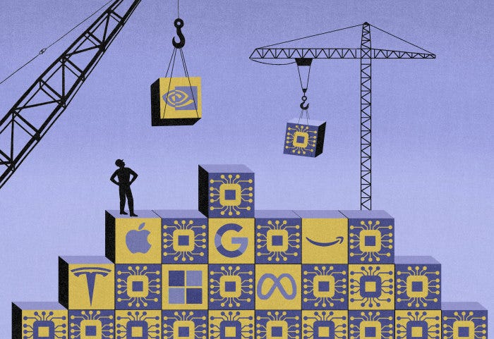 Illustration of tech company logos forming a structure being built by construction cranes.