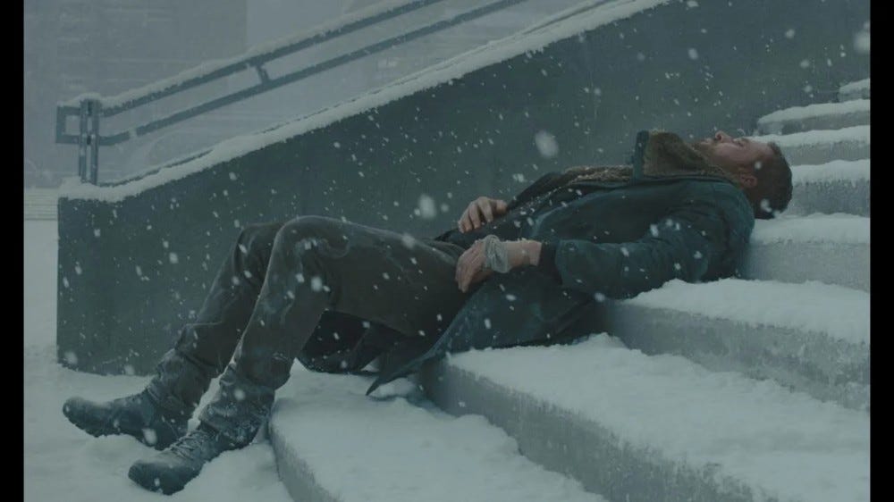 Create meme "blade runner 2049, ryan gosling blade runner in the snow ...