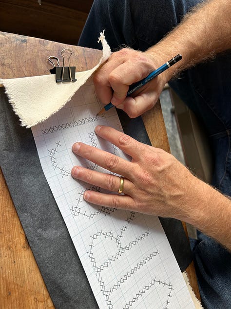 hands working with fiber and canvas spelling out words: Forgive, Freedom, Queer