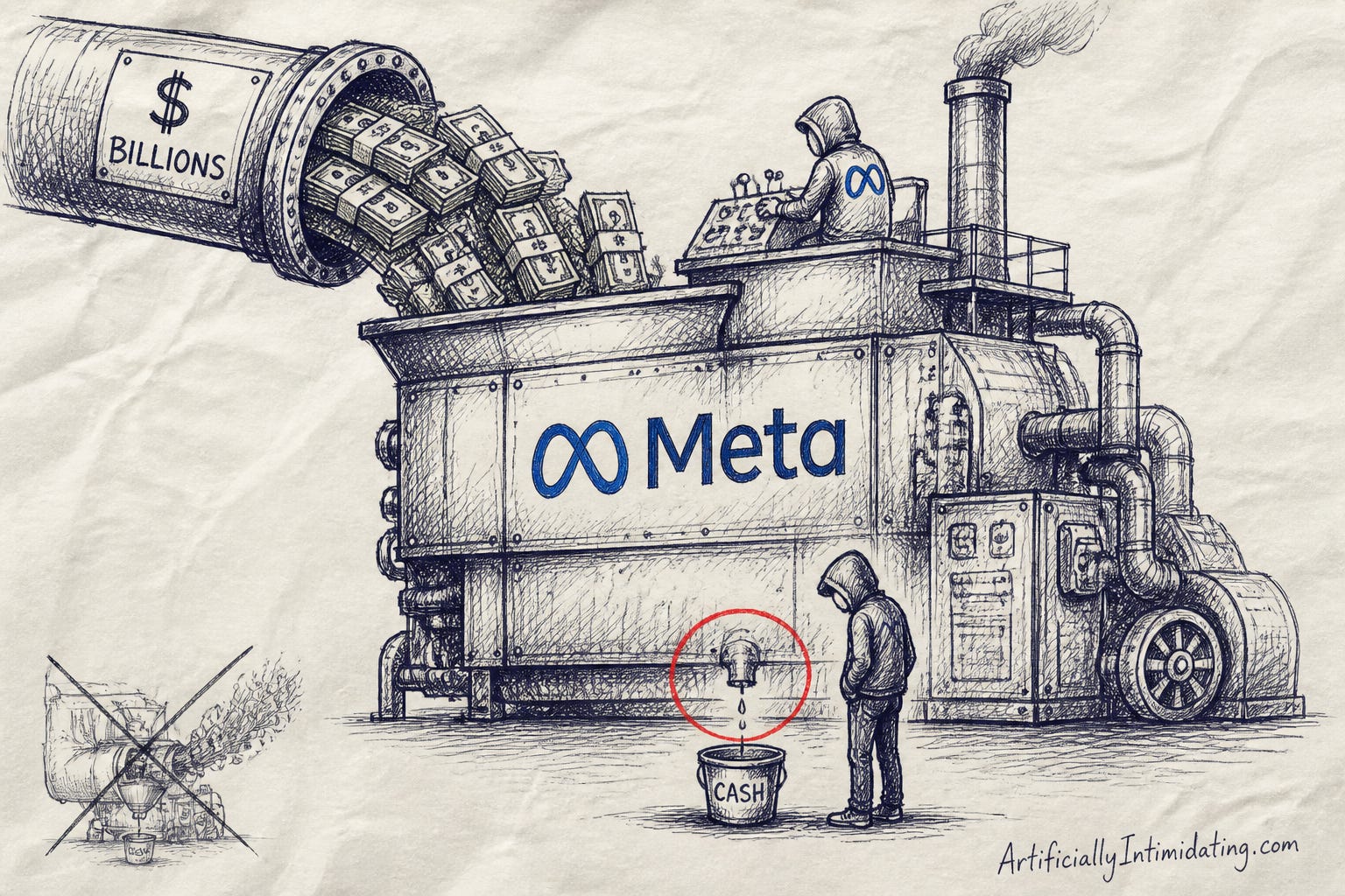 Pen-and-ink cartoon: a colossal industrial machine stamped with the Meta wordmark. An enormous pipe marked BILLIONS pours stacks of cash into its intake hopper while a hooded operator works the controls on top. From a tiny spout at the machine's base a single thin drip falls into a small tin bucket labelled CASH, circled in red, watched by a small figure in a hoodie.