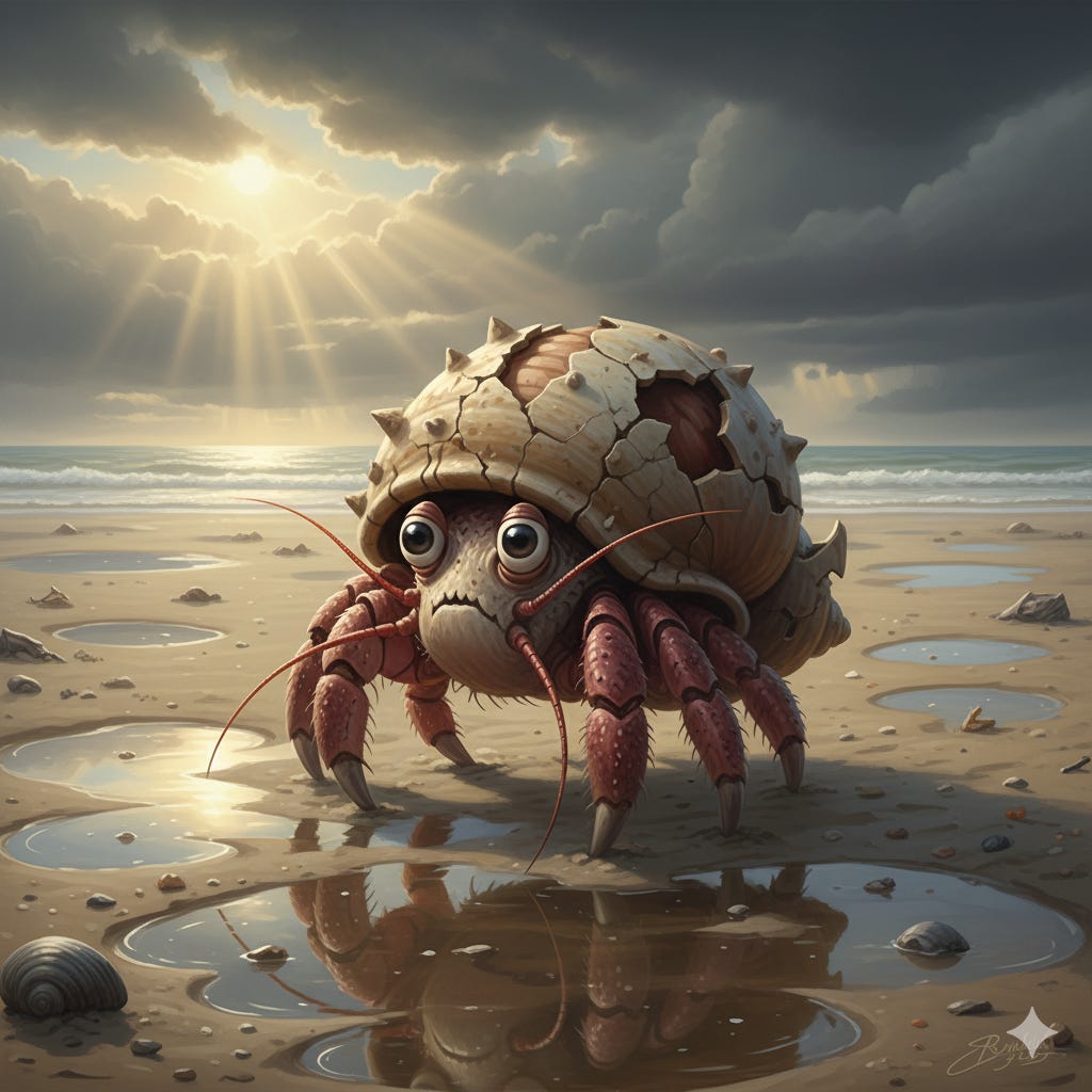 Cartoon hermit crab on beach with large eyes, dramatic sunlit clouds.