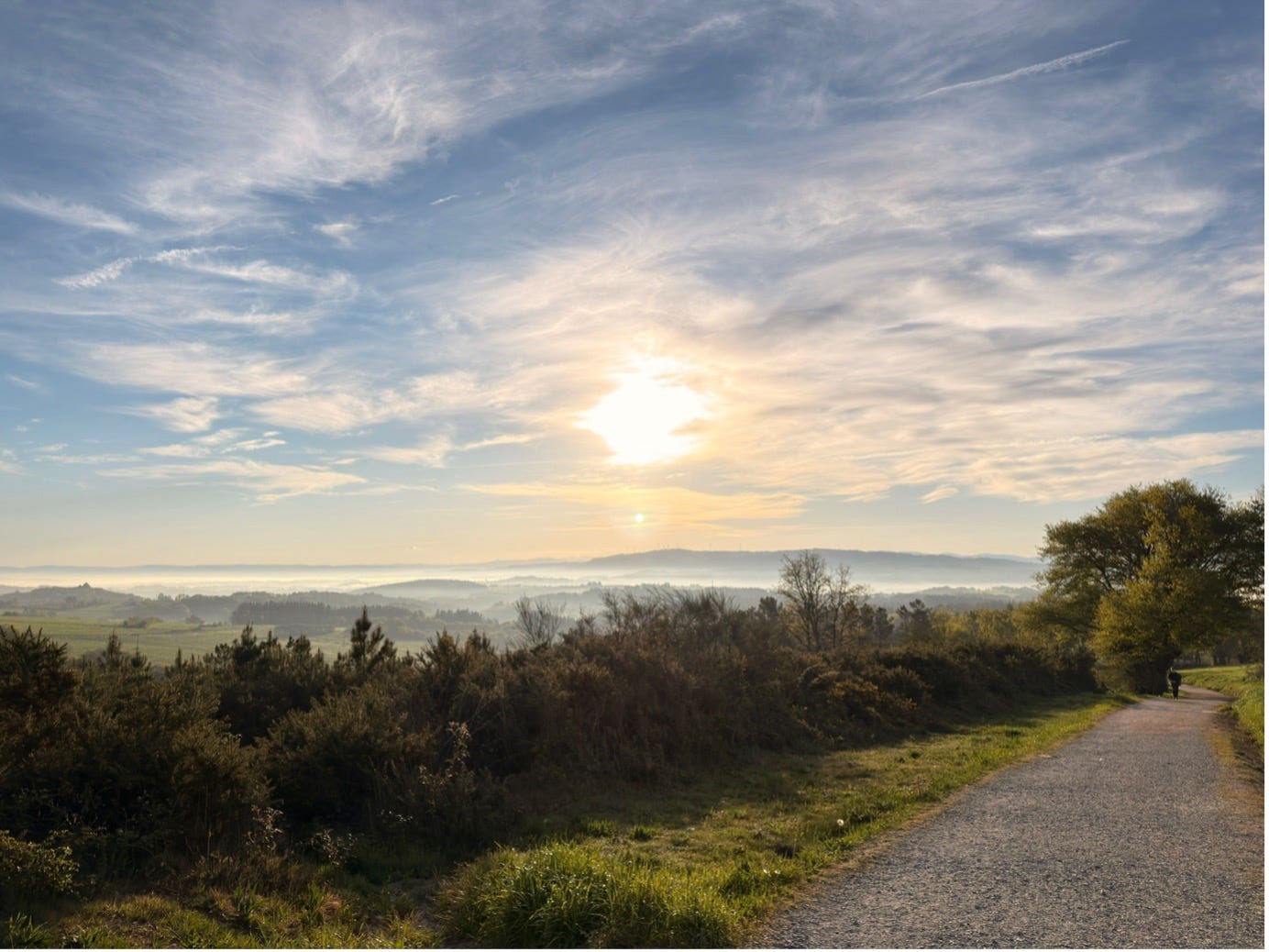 Sunrise overlooking a green and hilly landscape.